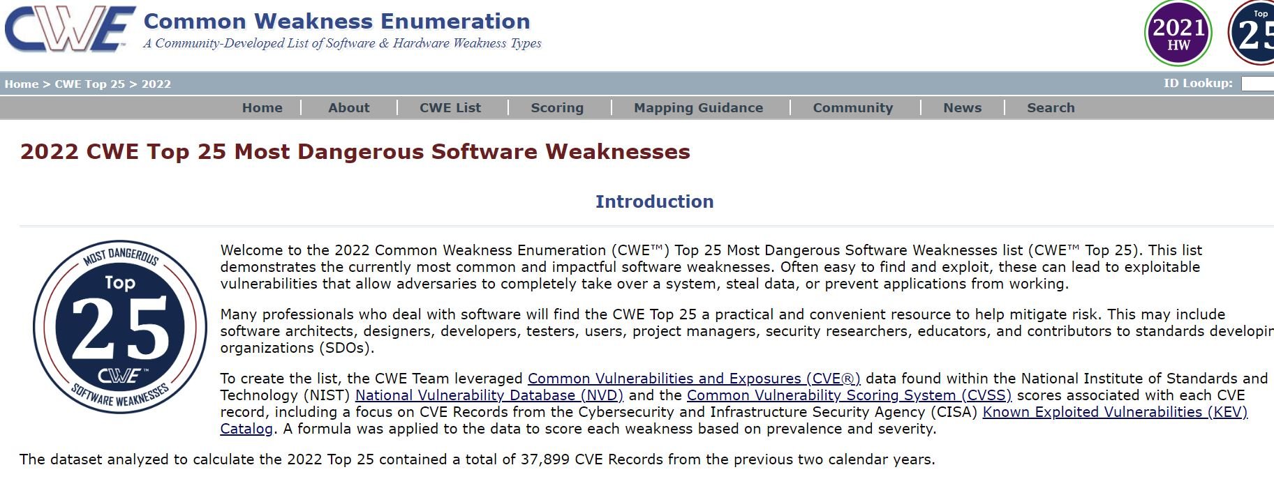 Top 25 Most Dangerous vulnerabilities of 2022. Easily exploitable CWE